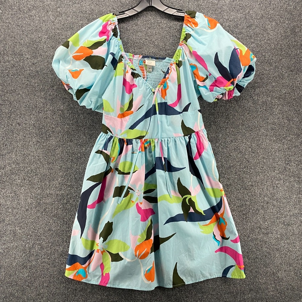 A New Day Dress Womens M Blue Floral Babydoll Artsy Puff Sleeve Tropical Coastal